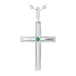 Men’s Beveled Silver Cross Pendant with Birthstone in 925 Sterling Silver with Emerald