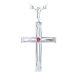 Men’s Beveled Silver Cross Pendant with Birthstone in 925 Sterling Silver with Ruby