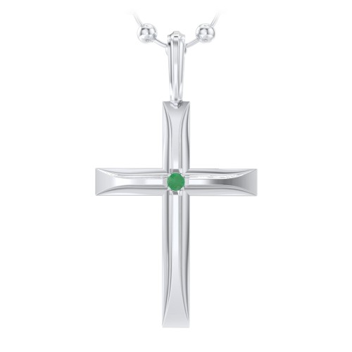 Men’s Beveled Silver Cross Pendant with Birthstone – Sterling Silver with Emerald