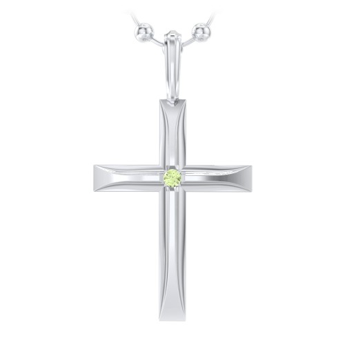 Men’s Beveled Silver Cross Pendant with Birthstone – Sterling Silver with Peridot