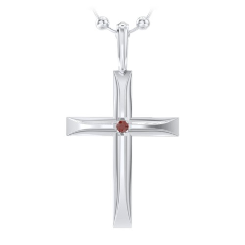 Men’s Beveled Silver Cross Pendant with Birthstone