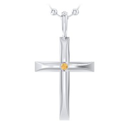 Men’s Beveled Silver Cross Pendant with Birthstone in 925 Sterling Silver with Citrine