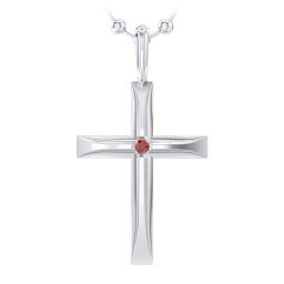 Men’s Beveled Silver Cross Pendant with Birthstone in 925 Sterling Silver with Garnet