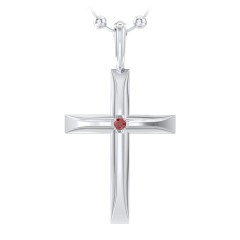 Men’s Beveled Silver Cross Pendant with Birthstone – 10K Yellow Gold with Garnet