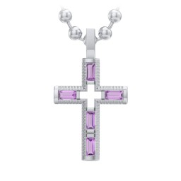 Men’s Baguette Birthstone Cross Pendant in 925 Sterling Silver with Amethyst