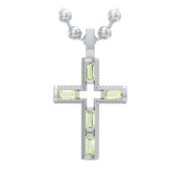 Men’s Baguette Birthstone Cross Pendant in 925 Sterling Silver with Peridot