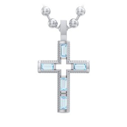 Men’s Baguette Birthstone Cross Pendant in 925 Sterling Silver with Blue Topaz