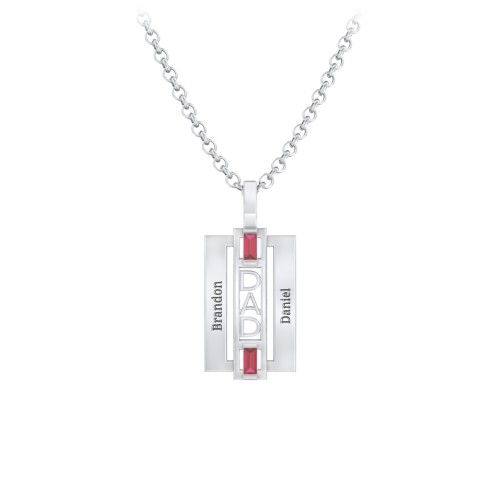 Men’s Engravable 2-Stone “Dad” Pendant – Sterling Silver with Garnet