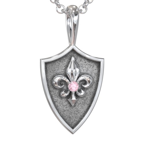 Men's Fleur-de-lis Hero Shield Pendant with Gemstone – Sterling Silver with Pink Tourmaline