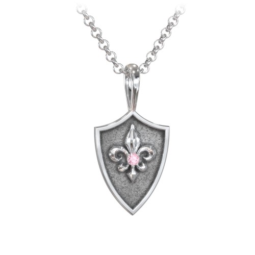 Men's Fleur-de-lis Hero Shield Pendant with Gemstone – Sterling Silver with Pink Tourmaline