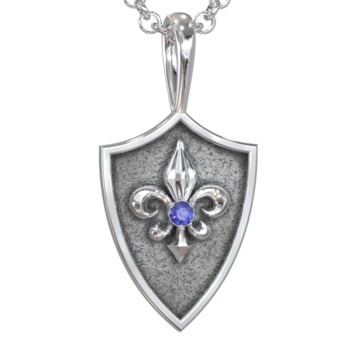 Men's Fleur-de-lis Hero Shield Pendant with Gemstone – Sterling Silver with Blue Sapphire