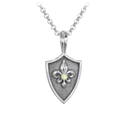 Men's Fleur-de-lis Hero Shield Pendant with Gemstone – Sterling Silver with Peridot