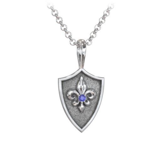 Men's Fleur-de-lis Hero Shield Pendant with Gemstone – Sterling Silver with Blue Sapphire