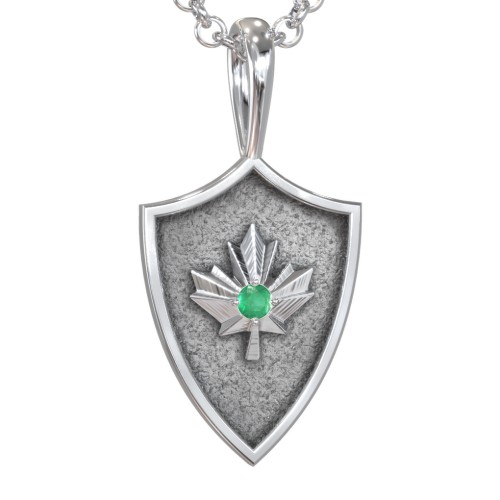 Men's Maple Leaf Hero Shield Pendant with Gemstone – Sterling Silver with Emerald