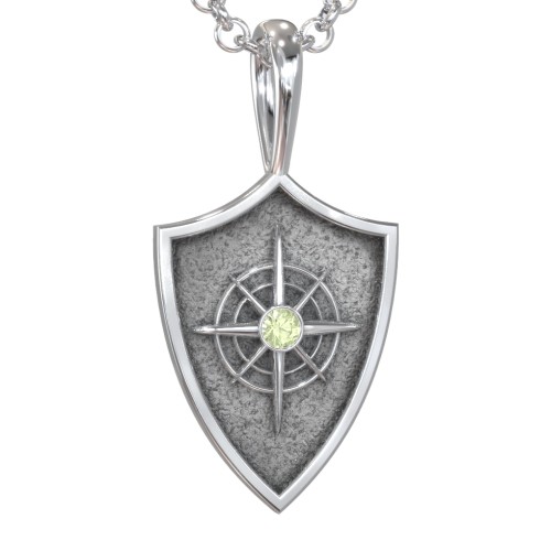 Men's Compass Hero Shield Pendant with Gemstone – Sterling Silver with Peridot