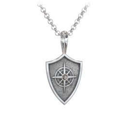 Men's Compass Hero Shield Pendant with Gemstone in 925 Sterling Silver with Smokey Quartz