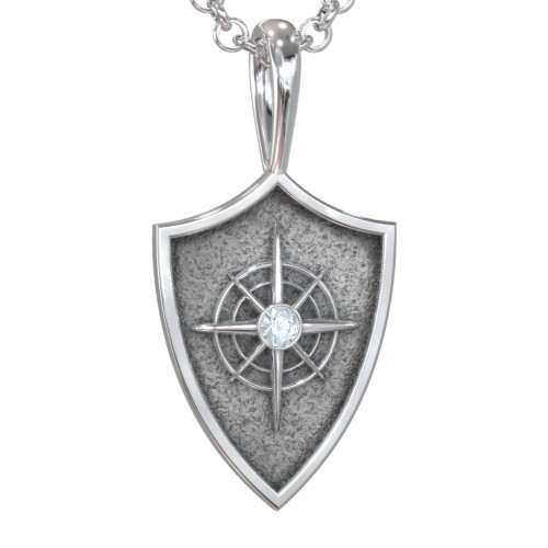 Men's Compass Hero Shield Pendant with Gemstone – Sterling Silver with Aquamarine