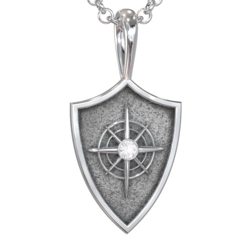 Men's Compass Hero Shield Pendant with Gemstone – Sterling Silver with Diamond