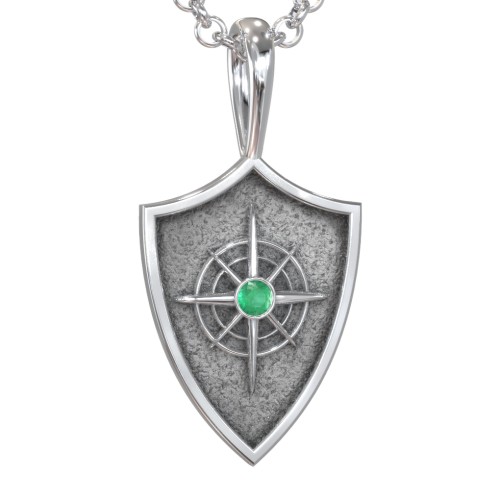 Men's Compass Hero Shield Pendant with Gemstone – Sterling Silver with Emerald
