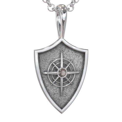 Men's Compass Hero Shield Pendant with Gemstone – Sterling Silver with Smokey Quartz