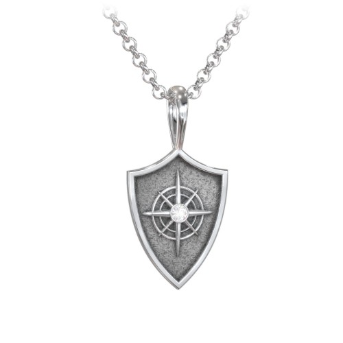 Men's Compass Hero Shield Pendant with Gemstone – Sterling Silver with Diamond