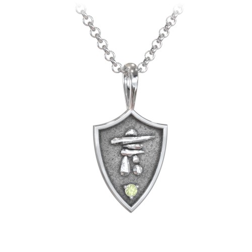 Men's Inukshuk Hero Shield Pendant with Gemstone – Sterling Silver with Peridot