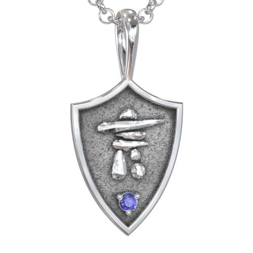 Men's Inukshuk Hero Shield Pendant with Gemstone – Sterling Silver with Blue Sapphire