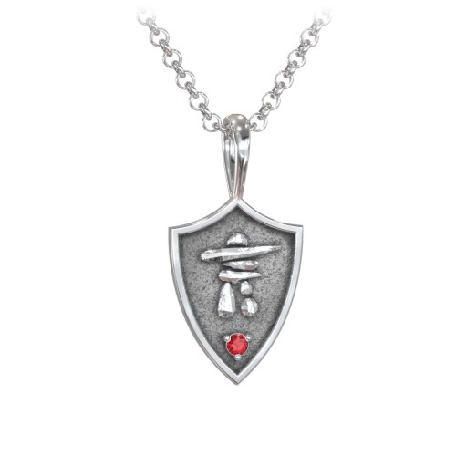 Men's Inukshuk Hero Shield Pendant with Gemstone – Sterling Silver with Garnet