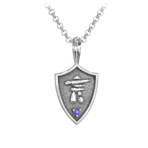 Men's Inukshuk Hero Shield Pendant with Gemstone – Sterling Silver with Blue Sapphire