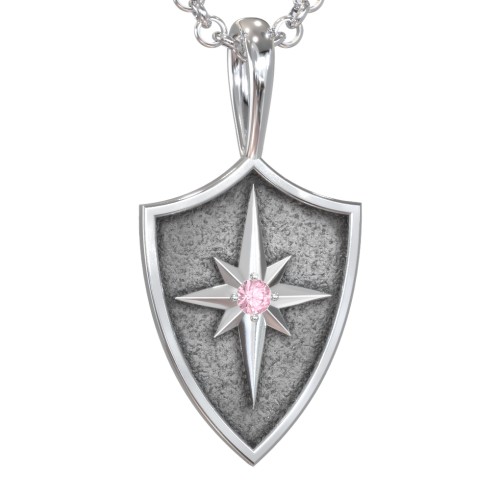 Men's Starburst Hero Shield Pendant with Gemstone – Sterling Silver with Pink Tourmaline
