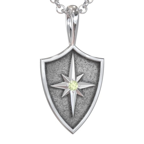 Men's Starburst Hero Shield Pendant with Gemstone – Sterling Silver with Peridot