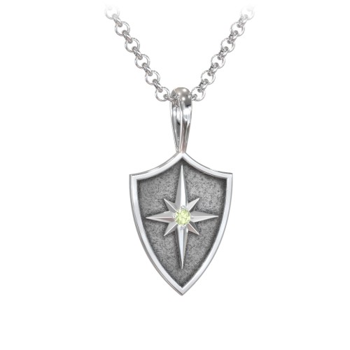 Men's Starburst Hero Shield Pendant with Gemstone – Sterling Silver with Peridot