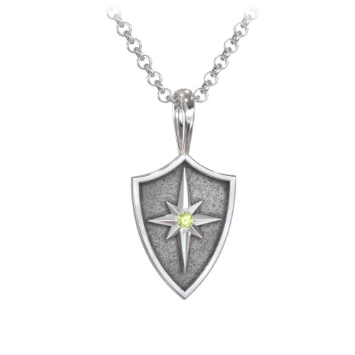 Men's Starburst Hero Shield Pendant with Gemstone – Sterling Silver with Peridot