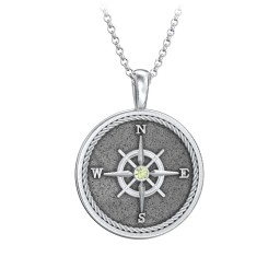 Men's Engravable Compass Necklace with Gemstone in 925 Sterling Silver with Peridot