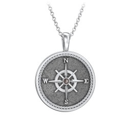 Men's Engravable Compass Necklace with Gemstone in 925 Sterling Silver with Smokey Quartz