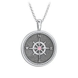 Men's Engravable Compass Necklace with Gemstone in 925 Sterling Silver with Pink Tourmaline