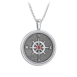 Men's Engravable Compass Necklace with Gemstone in 925 Sterling Silver with Garnet