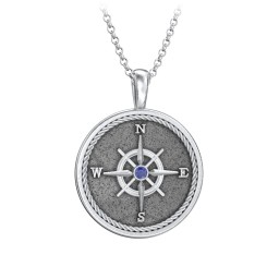 Men's Engravable Compass Necklace with Gemstone in 925 Sterling Silver with Blue Sapphire