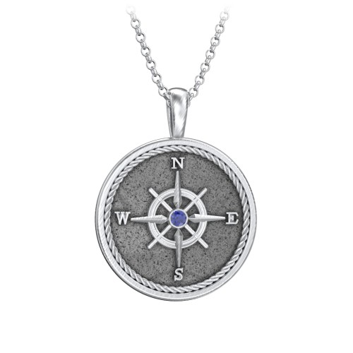 Men's Engravable Compass Necklace with Gemstone – Sterling Silver with Blue Sapphire