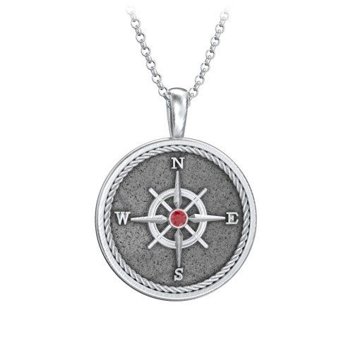 Men's Engravable Compass Necklace with Gemstone – Sterling Silver with Garnet