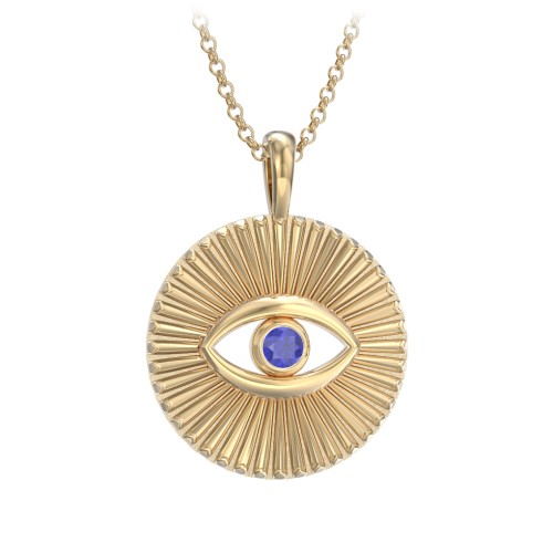 Men's Evil Eye Disc Necklace with Gemstone – 10K Yellow Gold with Blue Sapphire