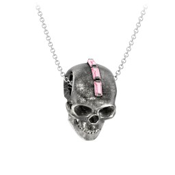 Men's Skull Necklace with Baguette Gemstone Mohawk in 925 Sterling Silver with Pink Tourmaline