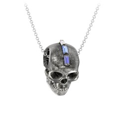 Men's Skull Necklace with Baguette Gemstone Mohawk – Sterling Silver with Blue Sapphire, Blue Topaz, and Cubic Zirconia
