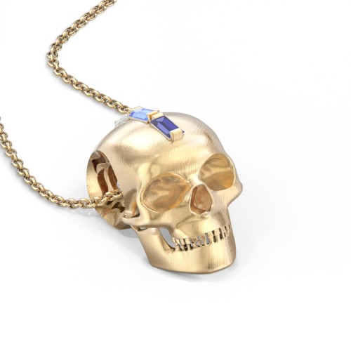 Men's Skull Necklace with Baguette Gemstone Mohawk – 10K Yellow Gold with Blue Sapphire, Blue Topaz, and Cubic Zirconia