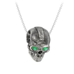 Men's Engravable Skull Necklace with Gemstone Eyes in 925 Sterling Silver with Emerald