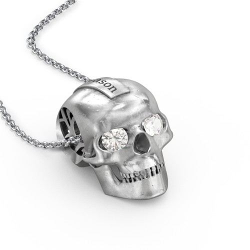 Men's Engravable Skull Necklace with Gemstone Eyes