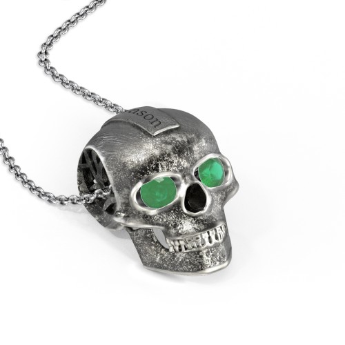 Men's Engravable Skull Necklace with Gemstone Eyes – Sterling Silver with Emerald