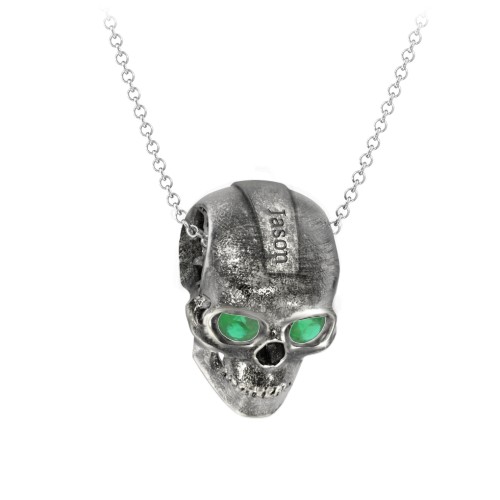 Men's Engravable Skull Necklace with Gemstone Eyes – Sterling Silver with Emerald