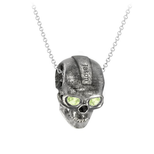 Men's Engravable Skull Necklace with Gemstone Eyes – Sterling Silver with Peridot