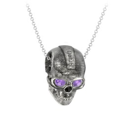 Men's Engravable Skull Necklace with Gemstone Eyes in 925 Sterling Silver with Amethyst